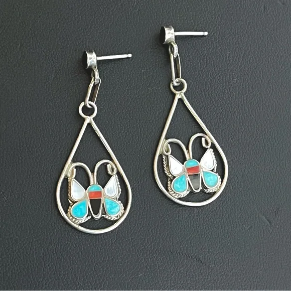Vintage Native American Zuni sterling silver gemstone inlay butterfly earrings - Picture 3 of 8